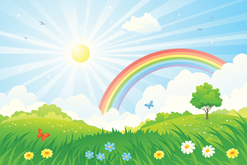 Vector illustration of a beautiful summer landscape with sun and rainbow.
