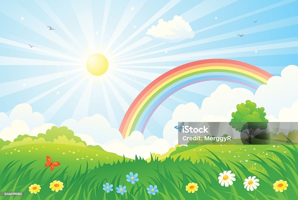 Rainbow And Sun Stock Illustration - Download Image Now - Rainbow, Sunny,  Cartoon - iStock