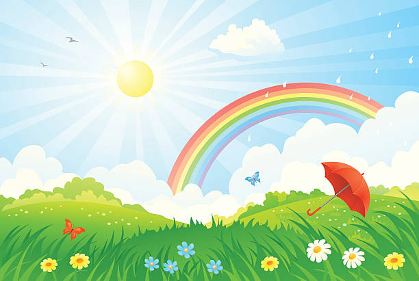 illustrazioni stock, clip art, cartoni animati e icone di tendenza di sole, dopo la pioggia  - rainbow flower meadow nature
