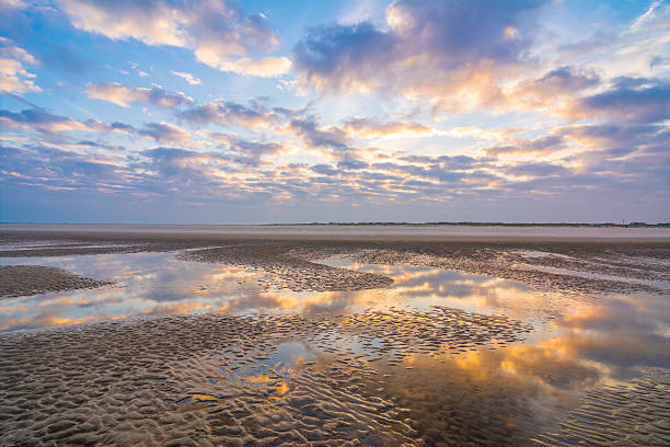 Nordic Morning Sunrise on the Wadden Sea in St Peter Ording, Germany german north sea region stock pictures, royalty-free photos & images