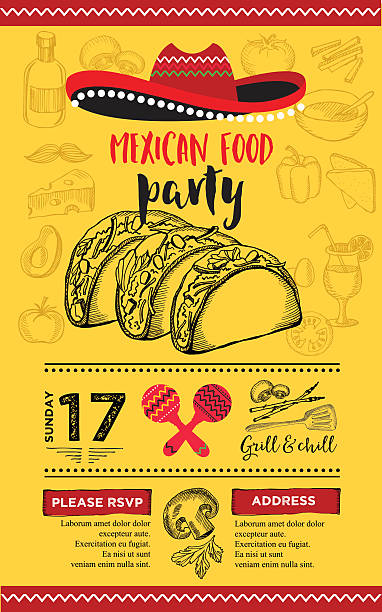 Barbecue party invitation. BBQ template menu design. Food flyer. Barbecue menu placemat food restaurant brochure, bbq template design. Vintage creative dinner invitation with hand-drawn graphic. Vector food menu flyer. Gourmet menu board. tacos stock illustrations