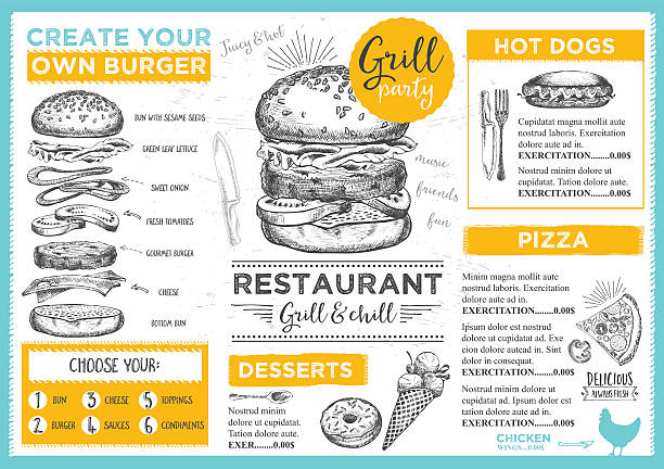 szablon menu restauracji, kawiarni,. - barbecue grill barbecue cooking hot dog stock illustrations