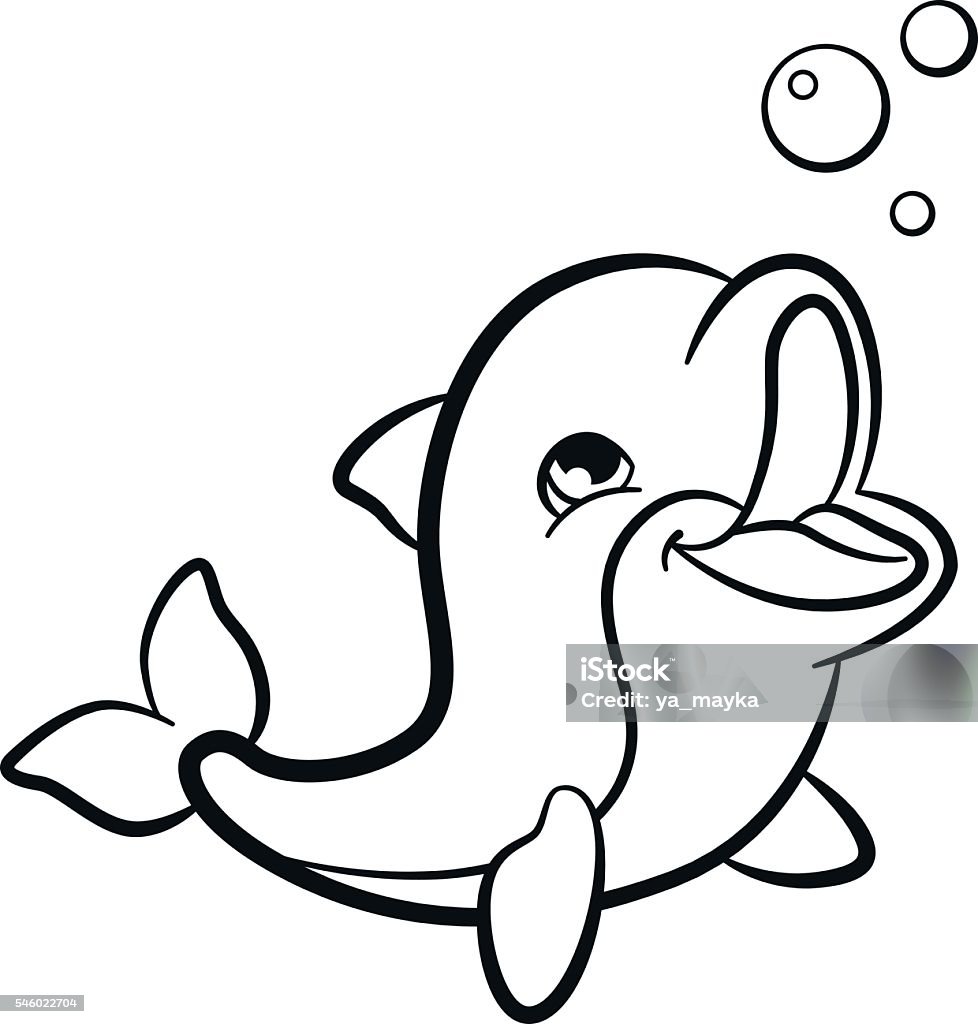 Coloring pages. Marine wild animals. Little cute baby dolphin. Coloring pages. Marine wild animals. Little cute baby dolphin smiles. Animal stock vector