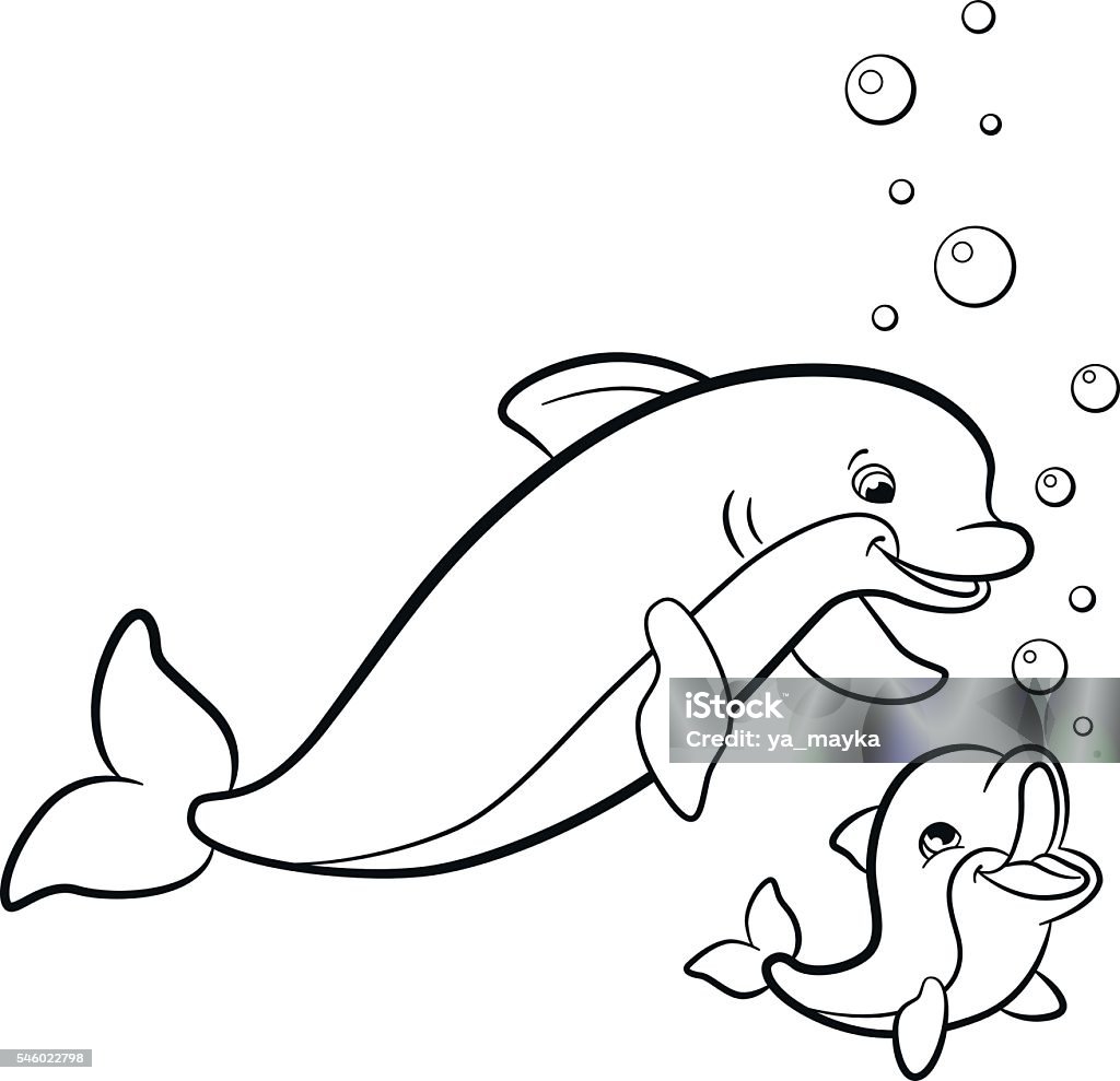 Coloring pages. Marine wild animals. Mother dolphin with her baby Coloring pages. Marine wild animals. Mother dolphin swims with her little cute baby dolphin underwater. Dolphin stock vector