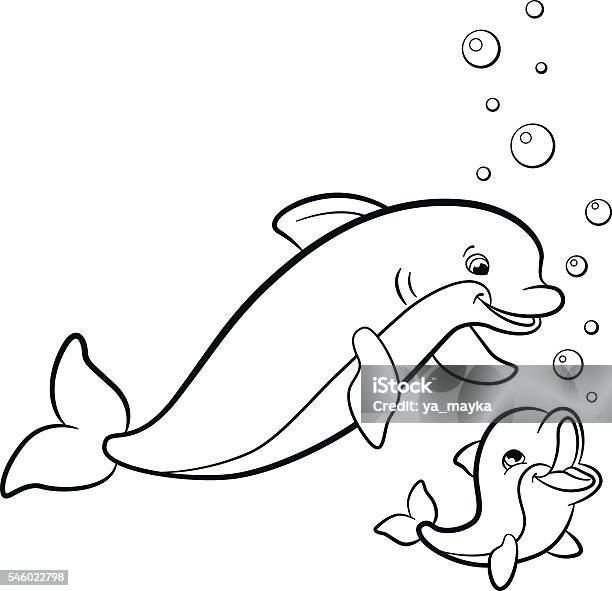 Coloring Pages Marine Wild Animals Mother Dolphin With Her Baby Stock Illustration - Download Image Now