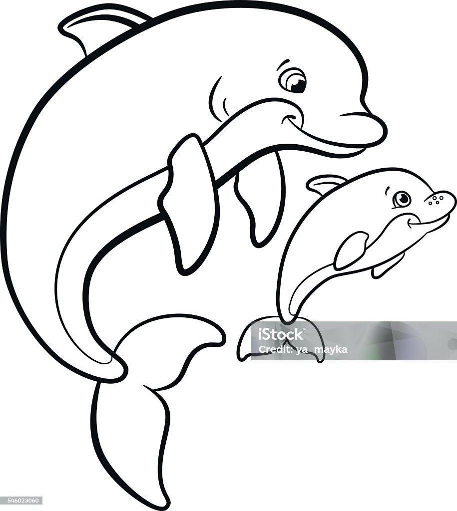 Coloring pages. Marine wild animals. Mother dolphin with her baby Coloring pages. Marine wild animals. Mother dolphin swims with her little cute baby dolphin and smiles. Animal stock vector