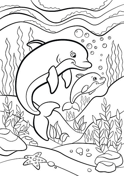 Coloring Pages Marine Wild Animals Mother Dolphin With Her Baby Stock  Illustration - Download Image Now - iStock