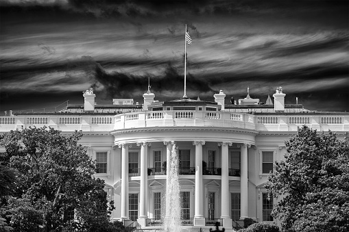 White House Washington DC view on cloudy day background in black and white
