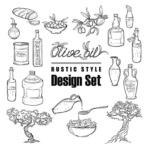 ilustrações, clipart, desenhos animados e ícones de conjunto de azeitonas vintage. fundo branco - olive oil bottle olive cooking oil