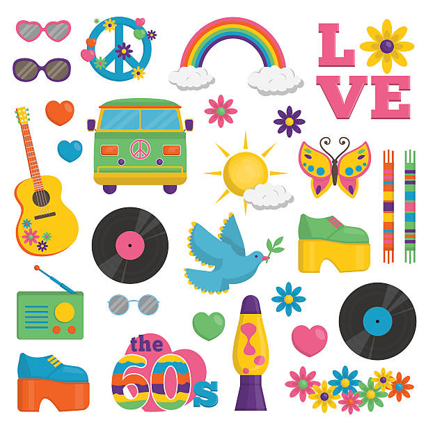 Vintage 1960s hippie style item set Collection of vintage retro 1960s hippie style items that symbolize the 60s decade fashion accessories, style attributes, leisure items and innovations. guitar symbols stock illustrations
