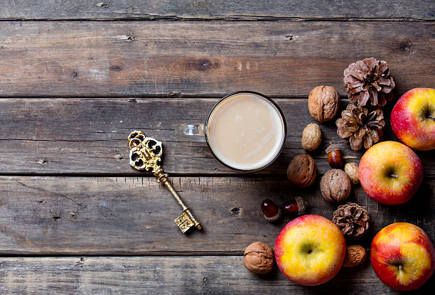 istock apples, fir-cones, cup of coffee, key and nuts 546166348