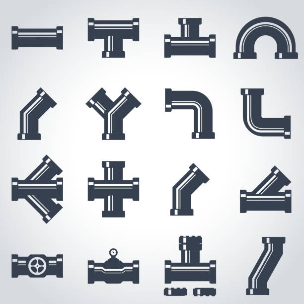 Vector black pipe fittings icon set Vector black pipe fittings icon set plumber pipe stock illustrations