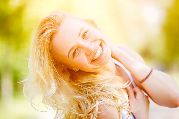 istock Blonde woman threw back her head 546169024