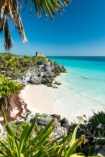 Young Caucasian woman walking on the  of seaside on  Isla Mujeres