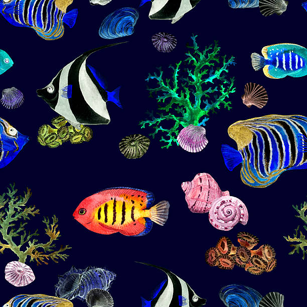 istock Exotic fishes, sea corals. Neon lighting seamless background. Watercolor 546172988