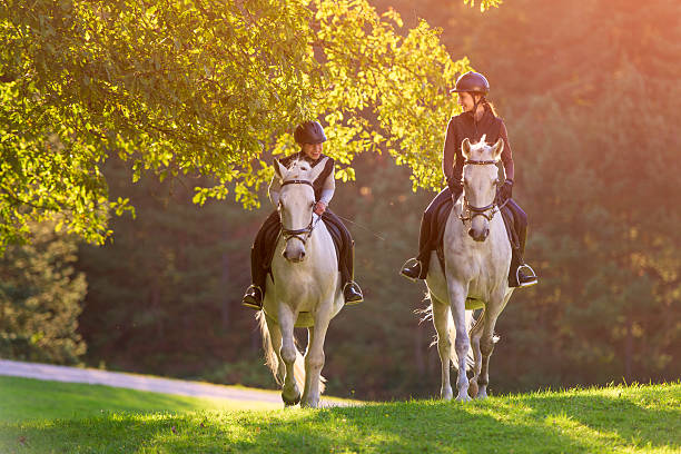 duas mulheres jovens equitação em natureza - mounted imagens e fotografias de stock