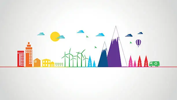 Vector illustration of Colorful Vector Abstract Landscape, with city and eco elements.