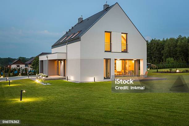 New House Ideal For Family Stock Photo - Download Image Now - Lighting Equipment, Yard - Grounds, House