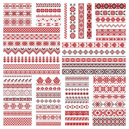 Big set of traditional embroidery. Vector illustration of ethnic seamless ornamental geometric patterns for your design