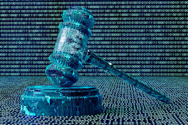 rechtliche computer richter konzept cyber richterhammer, 3d-illustration - data governance stock-fotos und bilder