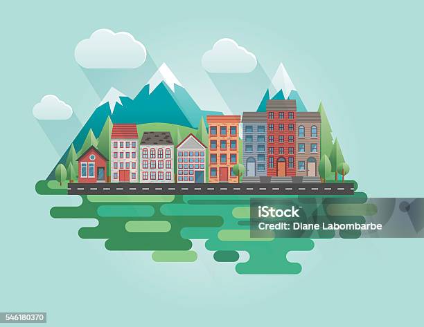 Flat Design Cityscape With Mountains Stock Illustration - Download Image Now - Mountain, Flat Design, Apartment