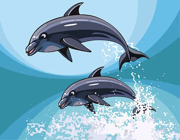 Vector illustration of Two cartoon dolphins happily jumping in splashes water