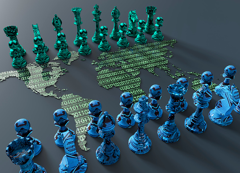 Mapa de mundo digital en el tablero de ajedrez con juego de ajedrez photo