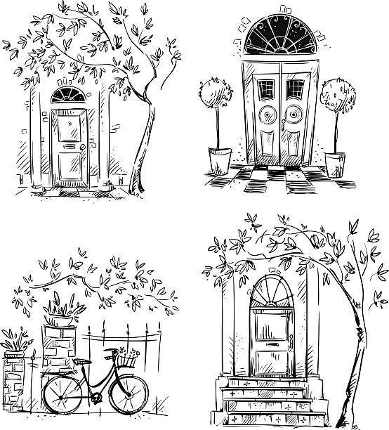 ilustraciones, imágenes clip art, dibujos animados e iconos de stock de conjunto de dibujos de detalles de arquitectura. puertas. - sketch decor drawing architectural feature
