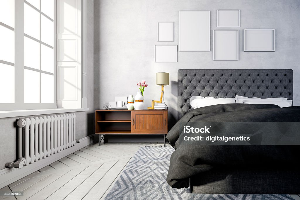 3d beautiful bedroom interior render Black Color Stock Photo