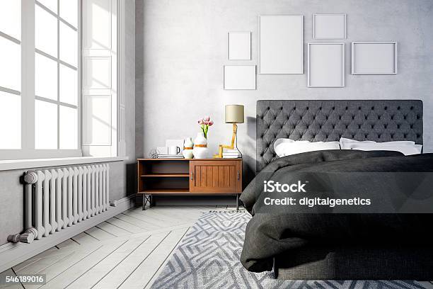 3d Beautiful Bedroom Interior Render Stock Photo - Download Image Now - Black Color, Sheet - Bedding, Bedroom