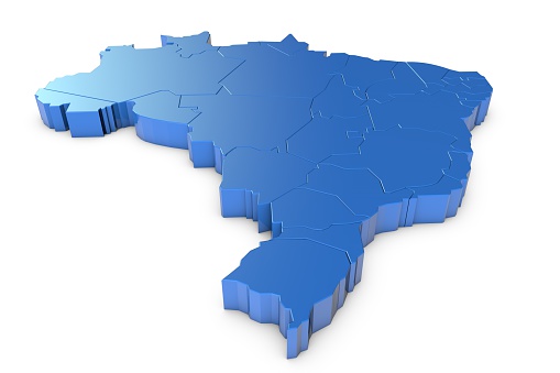 A 3D render map of Brazil on a plain white background with regional borders
