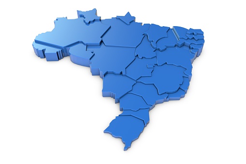 A 3D render map of Brazil on a plain white background with regional borders