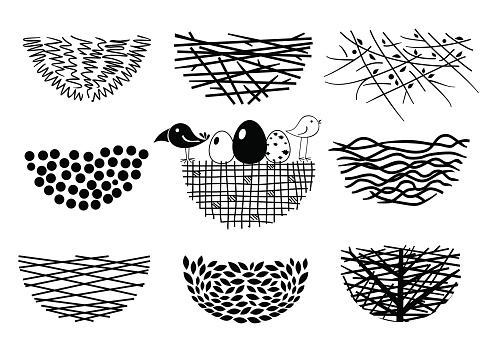 Set icons Bird's Nest for a logo or emblem in the technique of sketching. Vector graphics. Two funny birds and eggs.