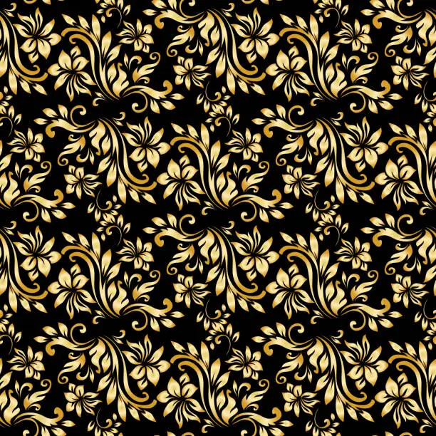 Vector illustration of Seamless pattern with luxury damask ornament on the black background.