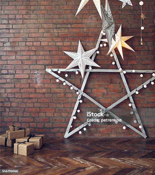 Christmas Background With Stars And Presents Stock Photo - Download Image Now - Entertainment Tent, Light Bulb, Advertisement