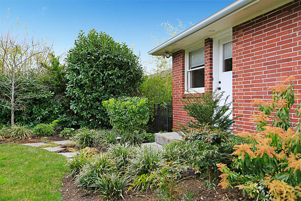 istock Fenced backyard. View of lawn and flower beds 546197866