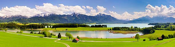 panorama landscape in Bavaria at alps mountains with lake