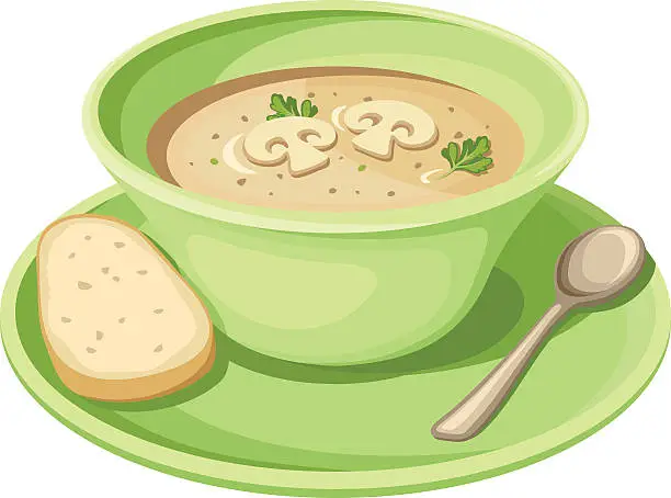 Vector illustration of Mushroom cream soup in a green plate. Vector illustration.