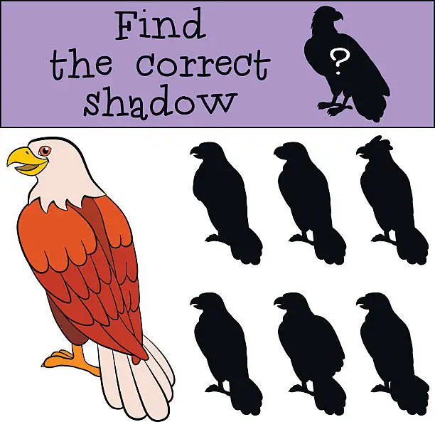 Vector illustration of Children games: Find the correct shadow. Cute bald eagle smiles