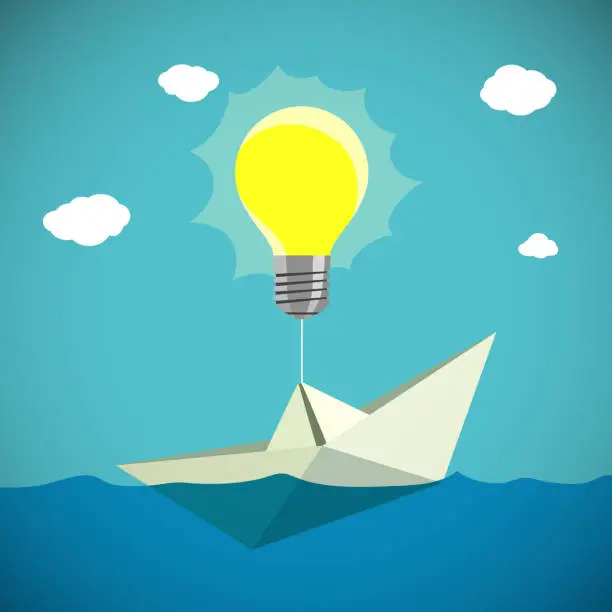 Vector illustration of Paper Boat hanging on the light bulb. Stock vector.