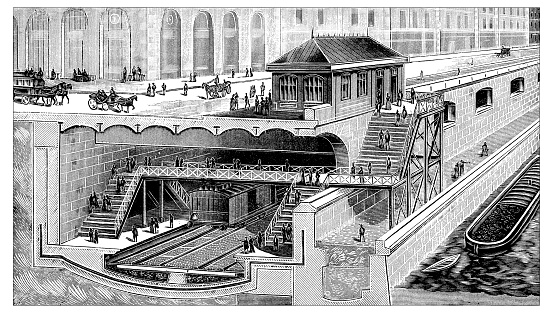 Antique illustration of Saint Michel station of Paris subway