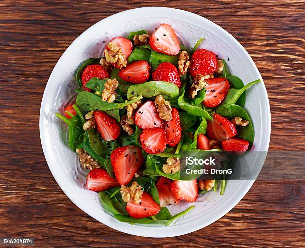 Summer Fruit Vegan Spinach Strawberry Nuts Salad Concepts Health Food Stock Photo - Download Image Now