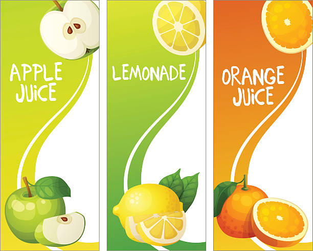 ilustrações de stock, clip art, desenhos animados e ícones de three vertical banners with apple, leon and orange fruits. cartoon - food and drink fruit cartoon illustration and painting