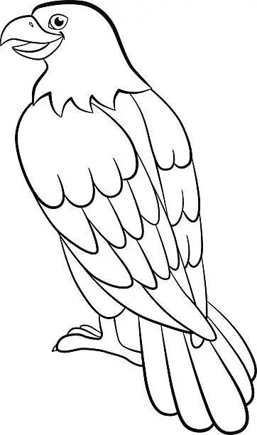 Vector illustration of Coloring pages. Wild birds. Cute eagle sits smiles.