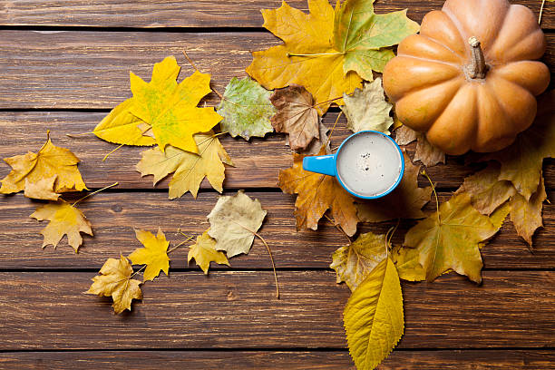 istock fallen leaves, pumpkin and cup of coffee 546205716