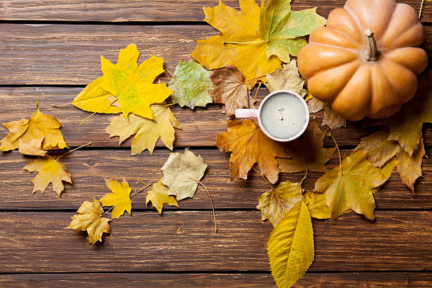 istock fallen leaves, pumpkin and cup of coffee 546205834