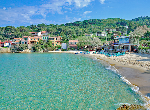 Beach and Village of Scaglieri near Portoferraio on Elba Island,mediterranean Sea,Tuscany,Italy