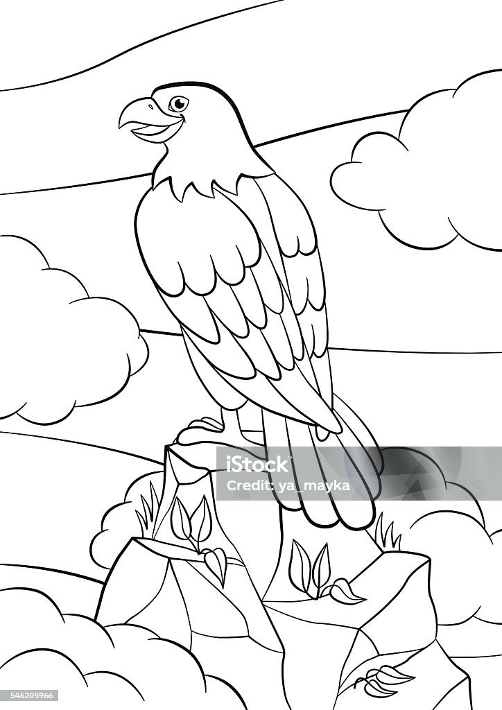 Coloring pages. Wild birds. Cute smiling eagle on the rock. Coloring pages. Wild birds. Cute eagle sits on the rock and smiles. Cartoon stock vector