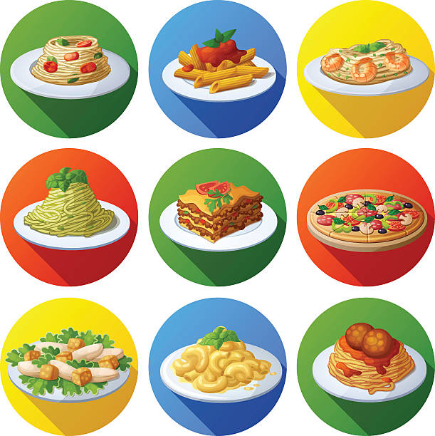 ilustrações de stock, clip art, desenhos animados e ícones de set of food icons. italian cuisine - basil bowl cooked cheese