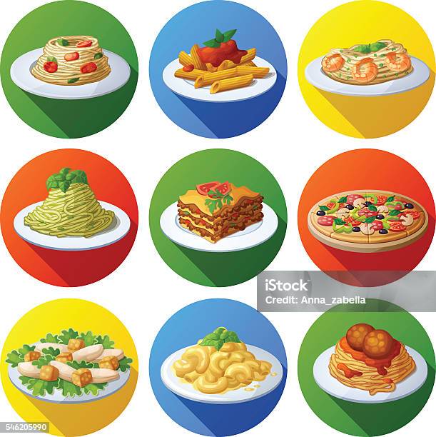 Set Of Food Icons Italian Cuisine Stock Illustration - Download Image Now - Italian Food, Pasta, Plate